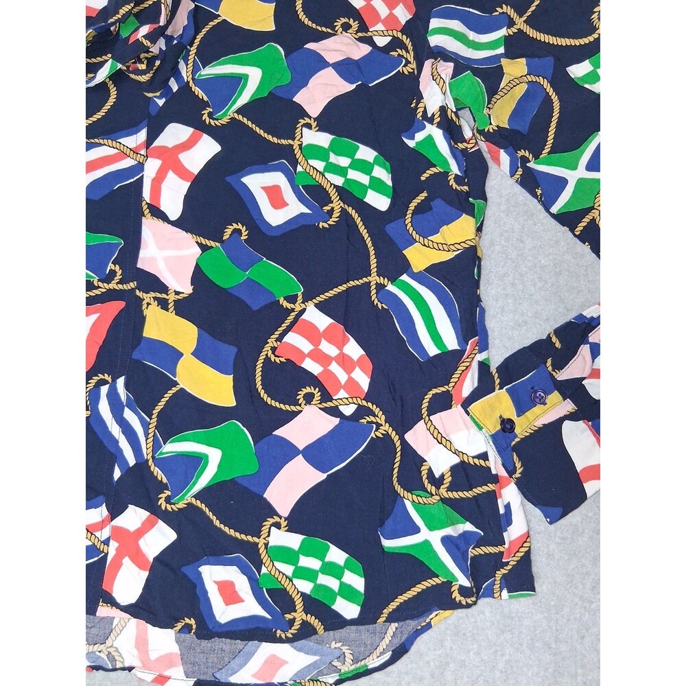 Crown & Ivy Nautical Flag Long Sleeve Blouse Size L Multicolor Coastal Tie Neck - Picture 5 of 10